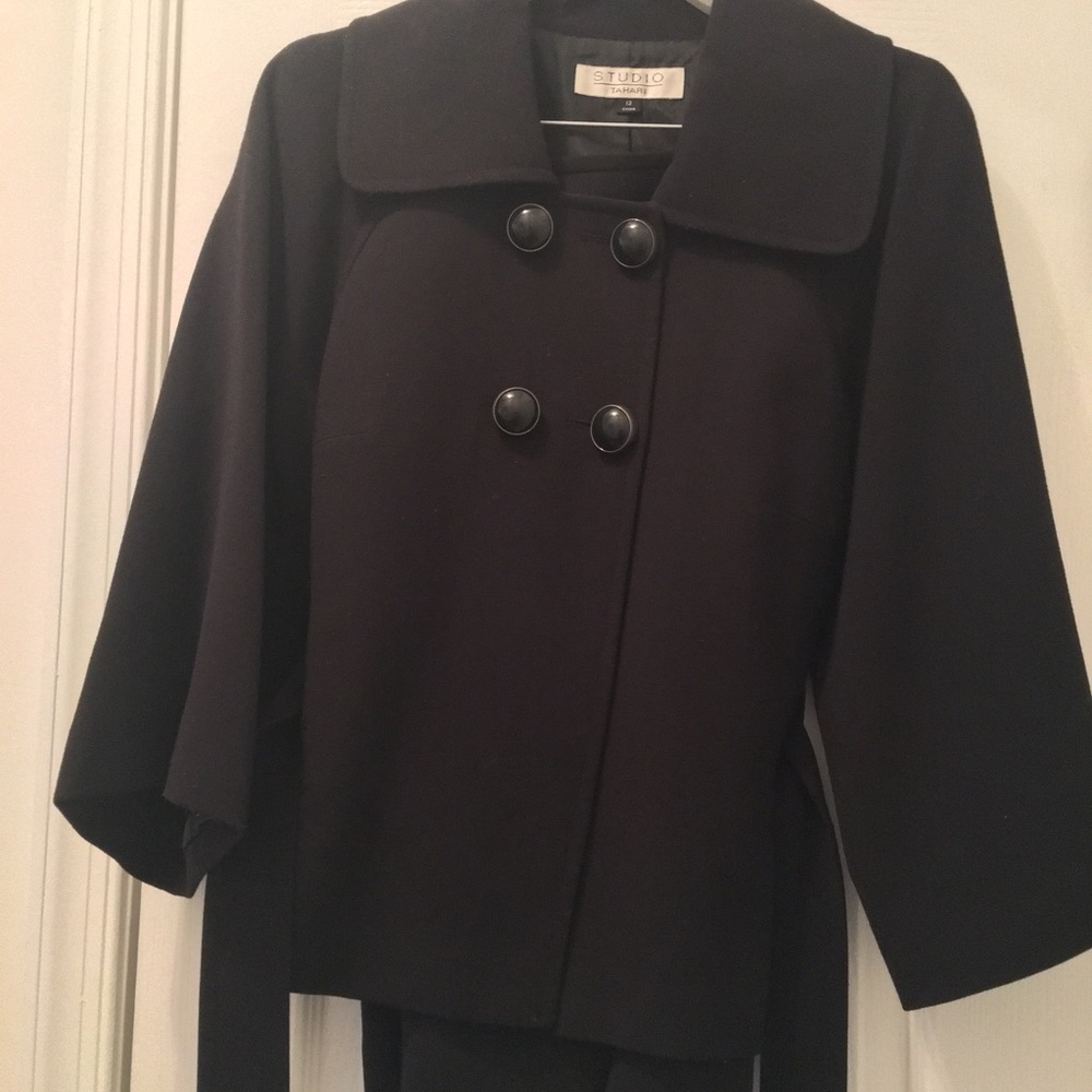 Black wool, double-breasted skirt suit